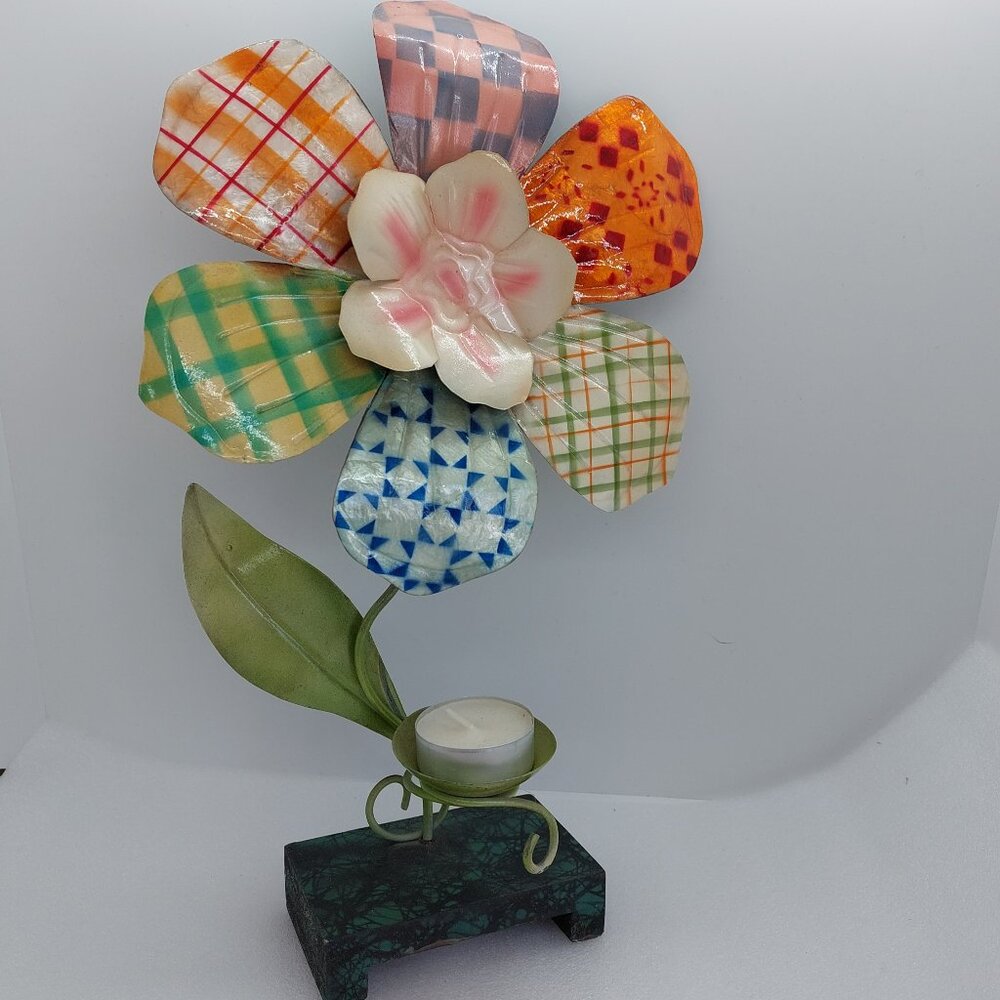 Decorative 13" Metal Flower Sculpture Single Tea Light Holder Marble Look Base